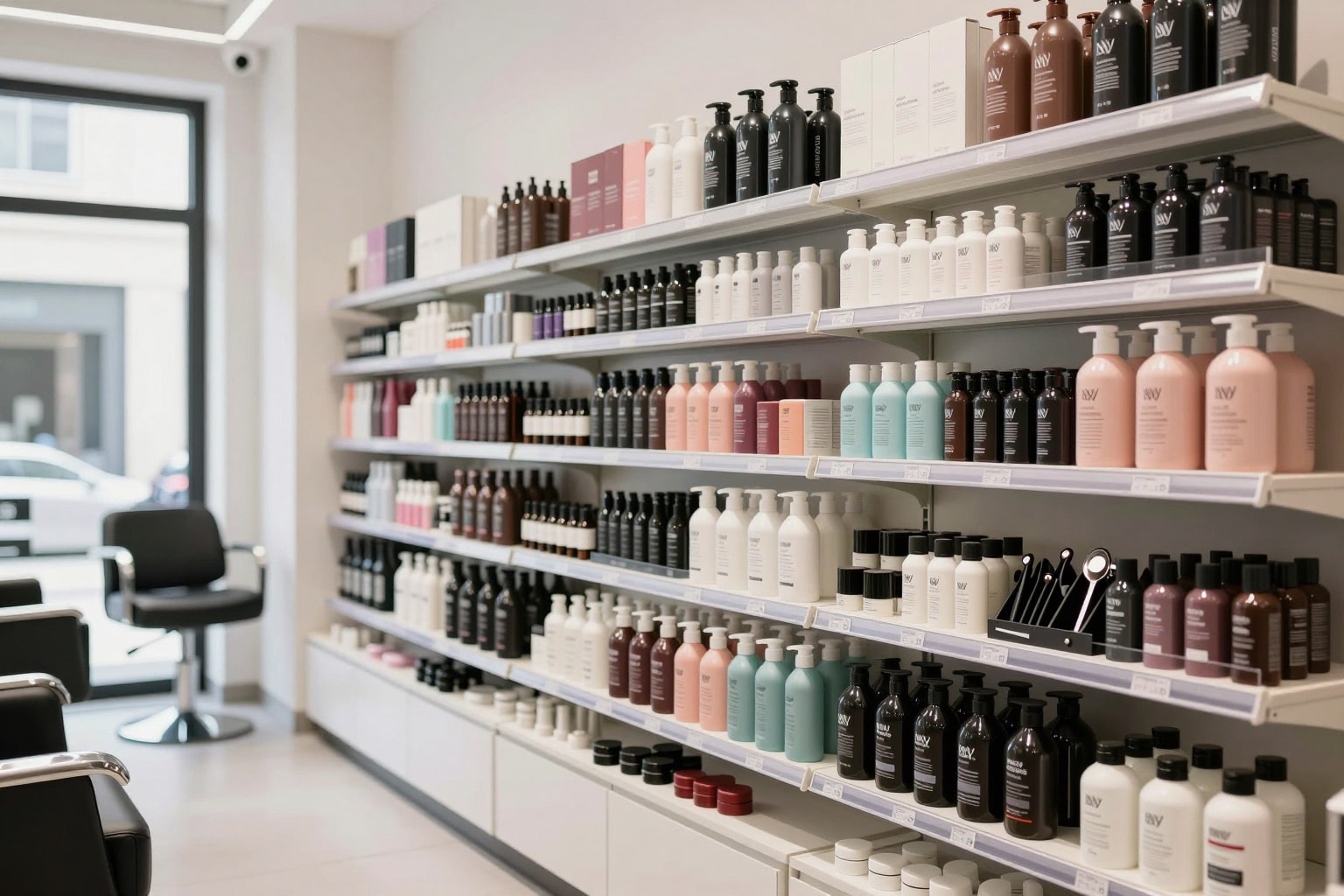 Regale eines europäischen Friseurshops mit professionellen Haarpflege- und Farbprodukten