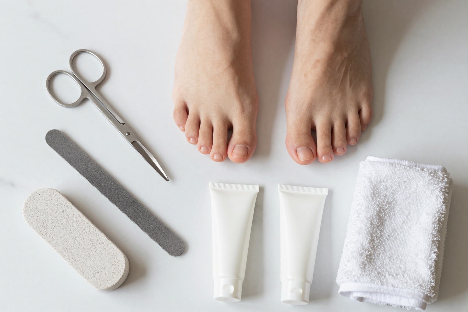 Flatlay mit professionellem Fußpflege-Set: Schere, Nagelfeile, Bimsstein und Fußcreme