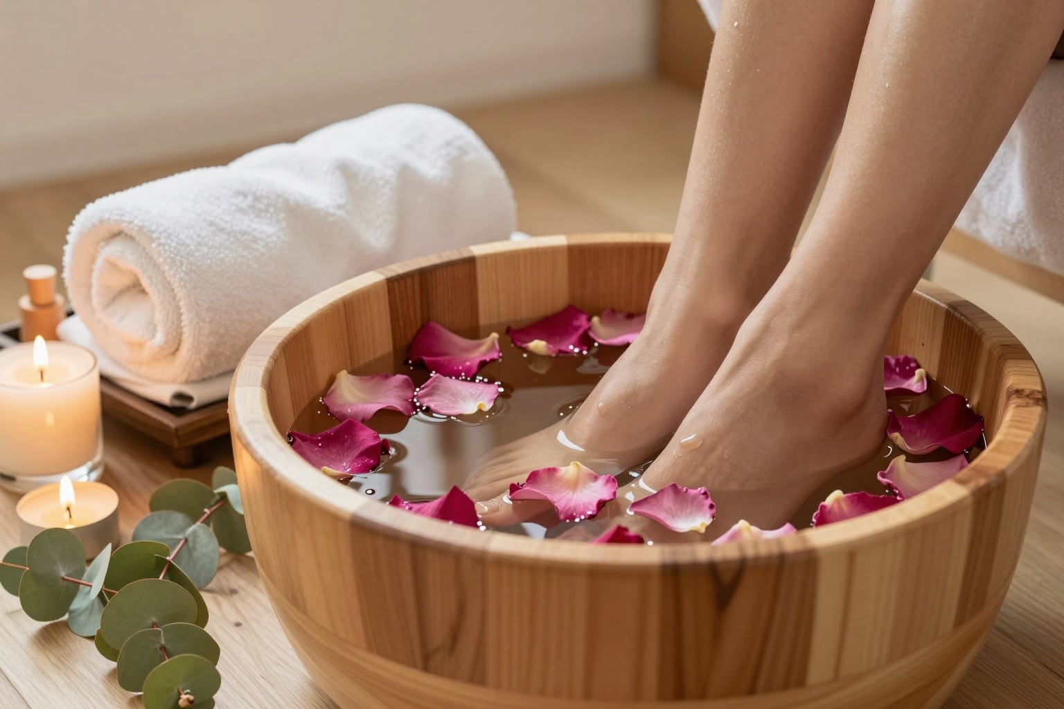 Wellness-Szene mit Fußbad, Handtüchern, Kerzen und Pflegeprodukten