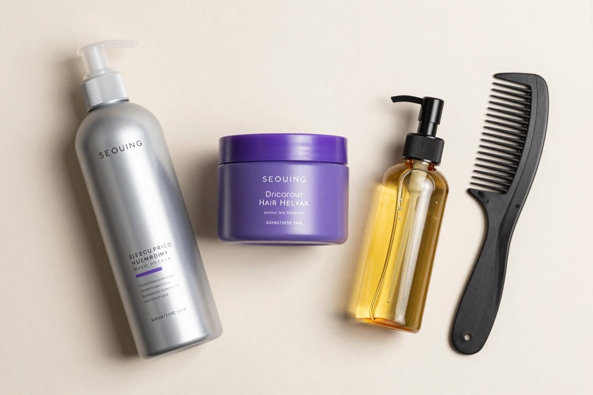 Silbershampoo und Pflegeprodukte für graue Haare auf hellem Untergrund