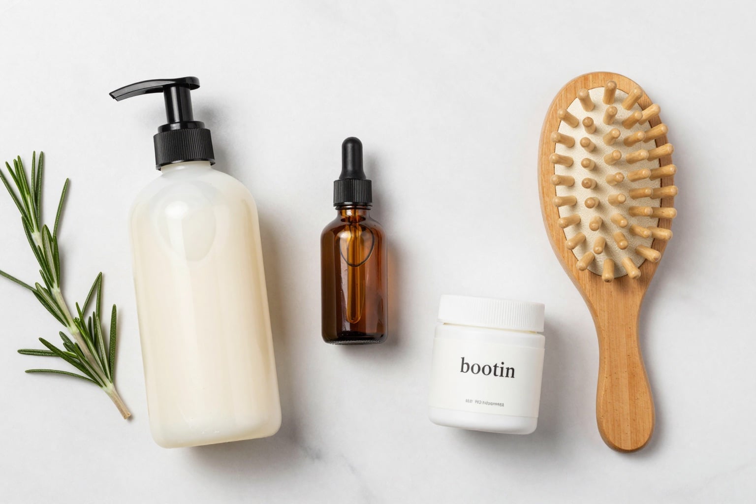 Flatlay mit Pflegeprodukten gegen Haarausfall wie Shampoo, Serum und Kopfhautbürste