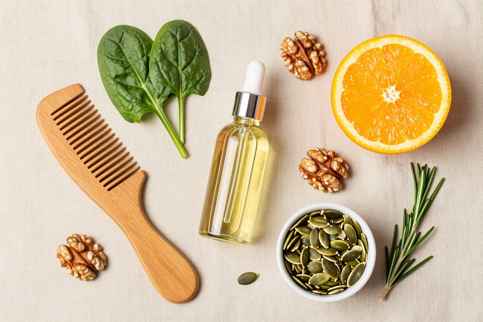 Flatlay mit Kamm, Haaröl und nährstoffreichen Lebensmitteln wie Spinat, Nüssen und Kürbiskernen