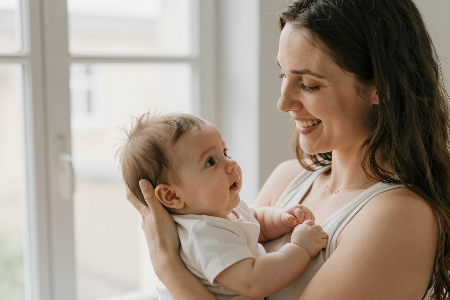 Junge Mutter mit gesundem vollem Haar hält ihr Baby im warmen Licht