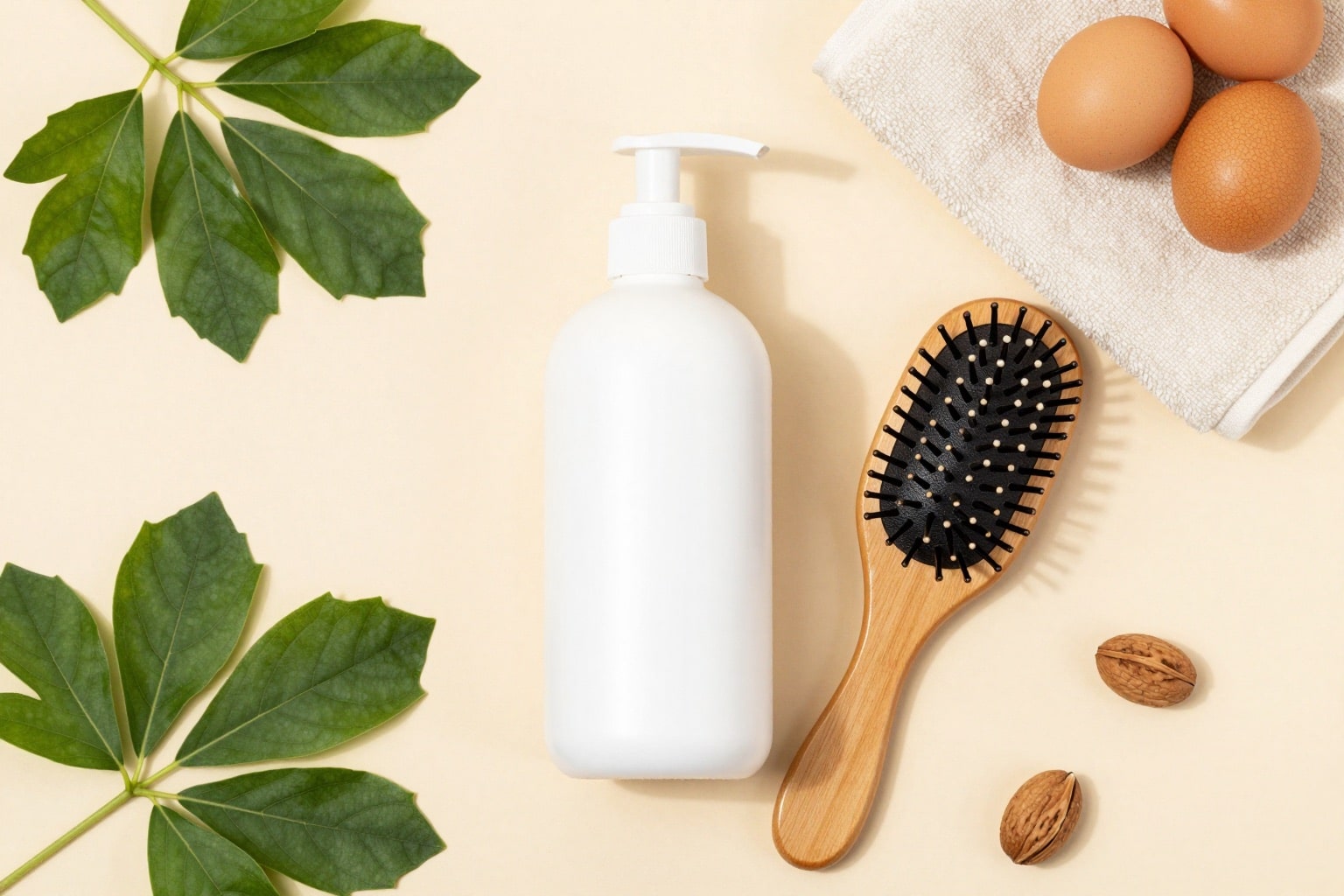 Flatlay mit milder Haarpflege, Bürste und eisenreichen Lebensmitteln auf hellem Untergrund