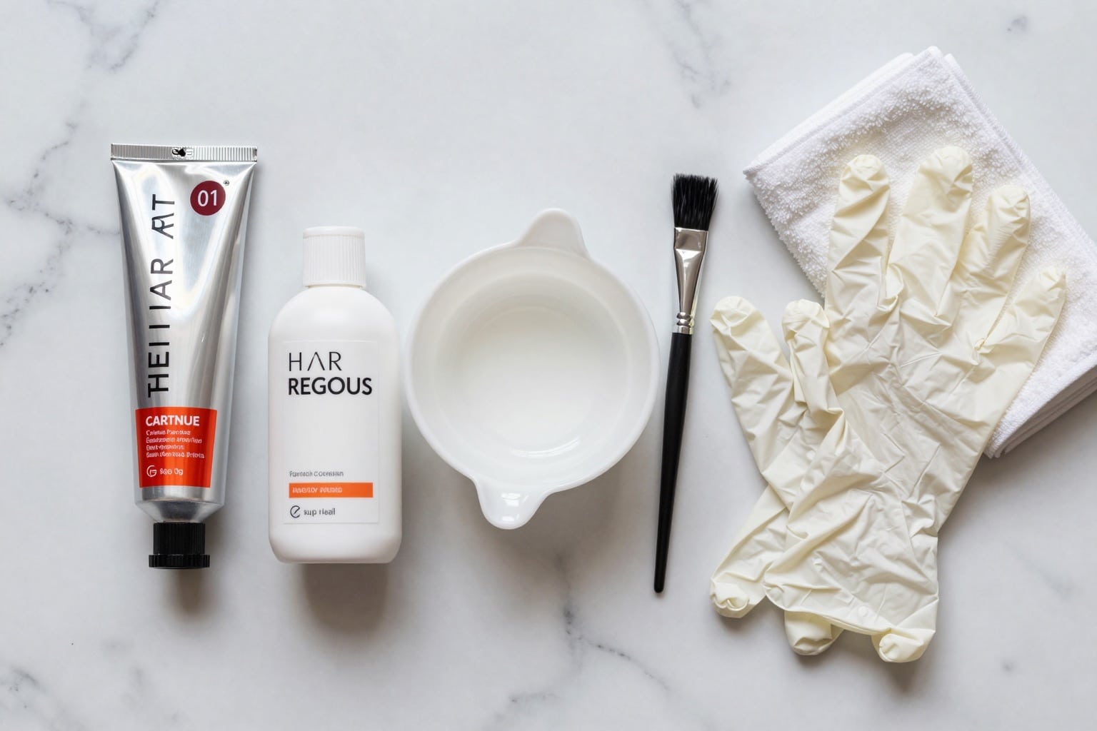 Flatlay eines Haarfärbe-Sets mit Tube, Entwickler, Schale und Pinsel
