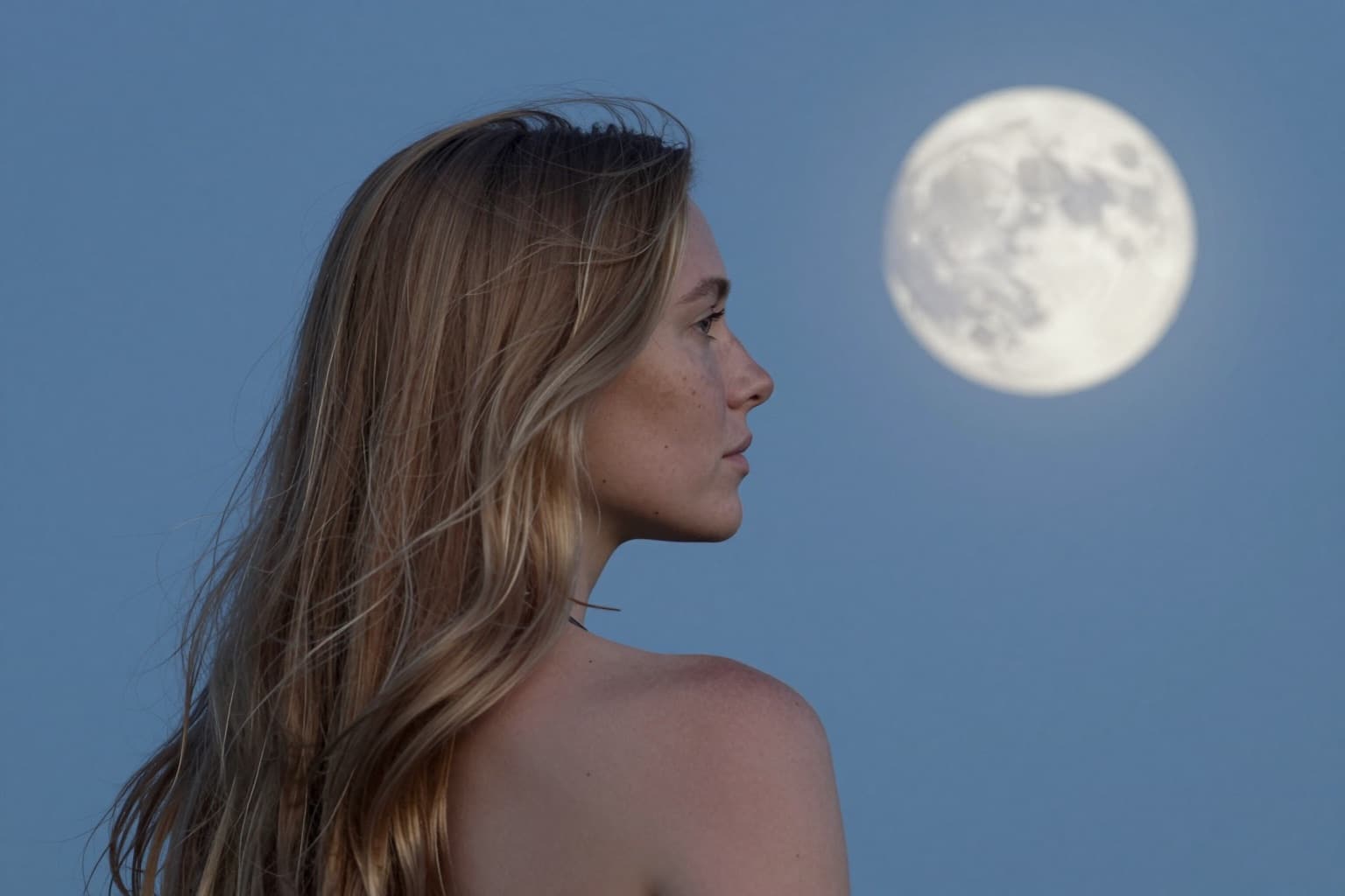 Europäische Frau mit langen Haaren blickt bei Vollmond in den Abendhimmel
