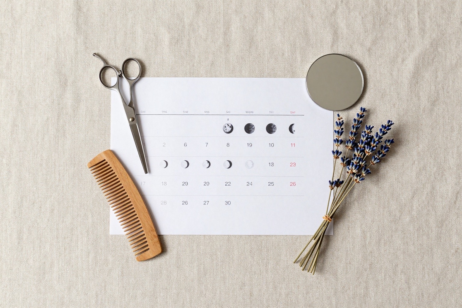Flatlay mit Mondkalender, Friseurschere, Holzkamm und Lavendel