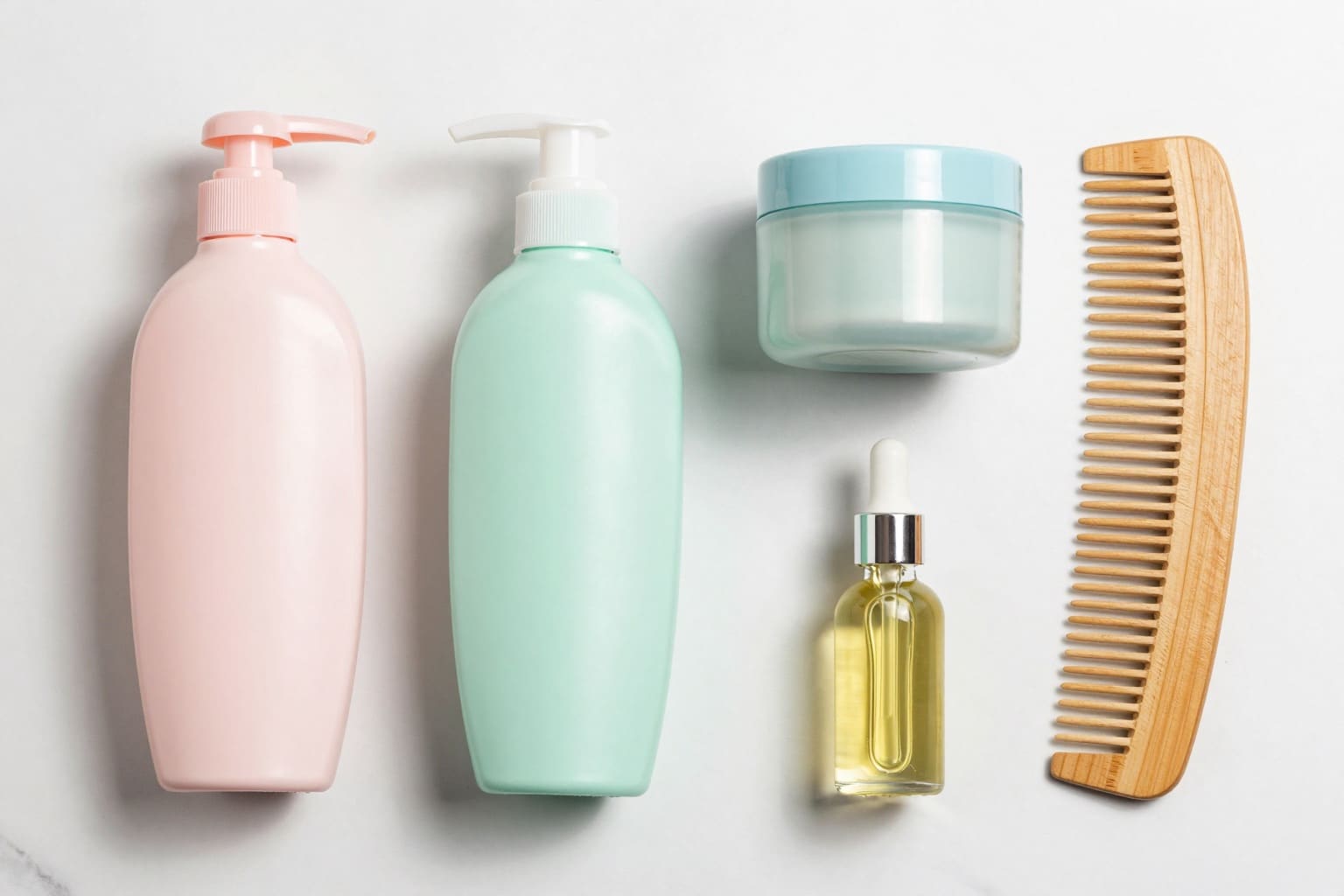 Flatlay mit Haarpflegeprodukten: Shampoo, Conditioner, Haarkur, Haaröl und Leave-in auf Marmor