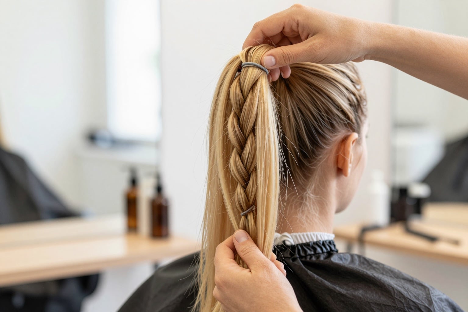 Langer blonder Zopf mit Haargummis oben und unten, bereit zum Abschneiden für eine Haarspende