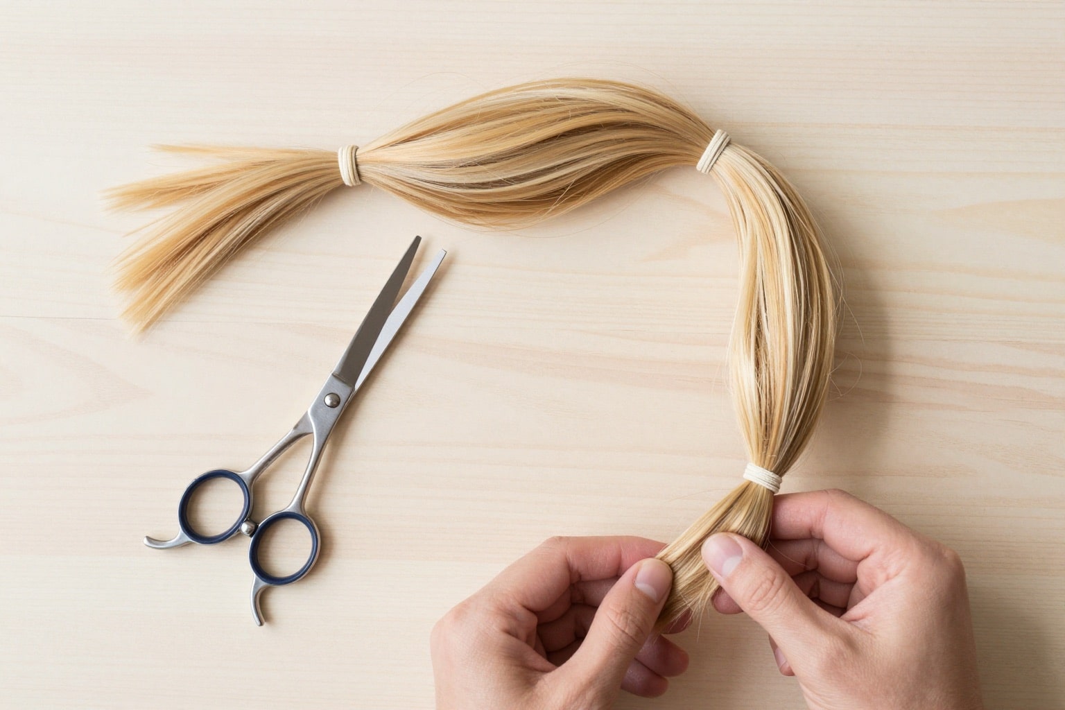 Abgeschnittener blonder Zopf mit Haargummis neben einer Friseurschere auf hellem Holztisch, flach von oben fotografiert
