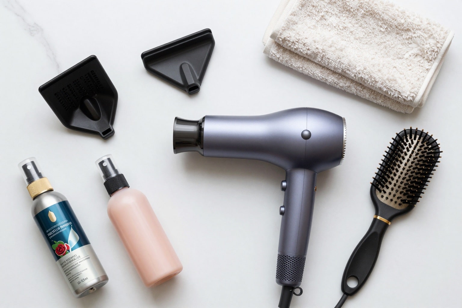 Flatlay mit Föhn, Diffusor, Hitzeschutzspray, Rundbürste und Mikrofaser-Handtuch auf hellem Marmor