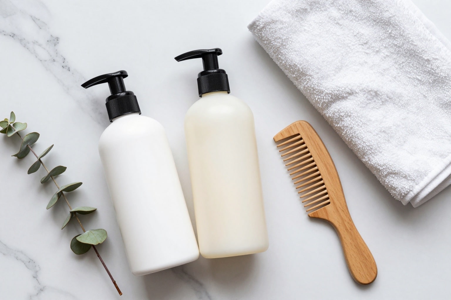 Flatlay mit Shampoo, Spülung, Holzkamm und Handtuch für die richtige Haarwäsche