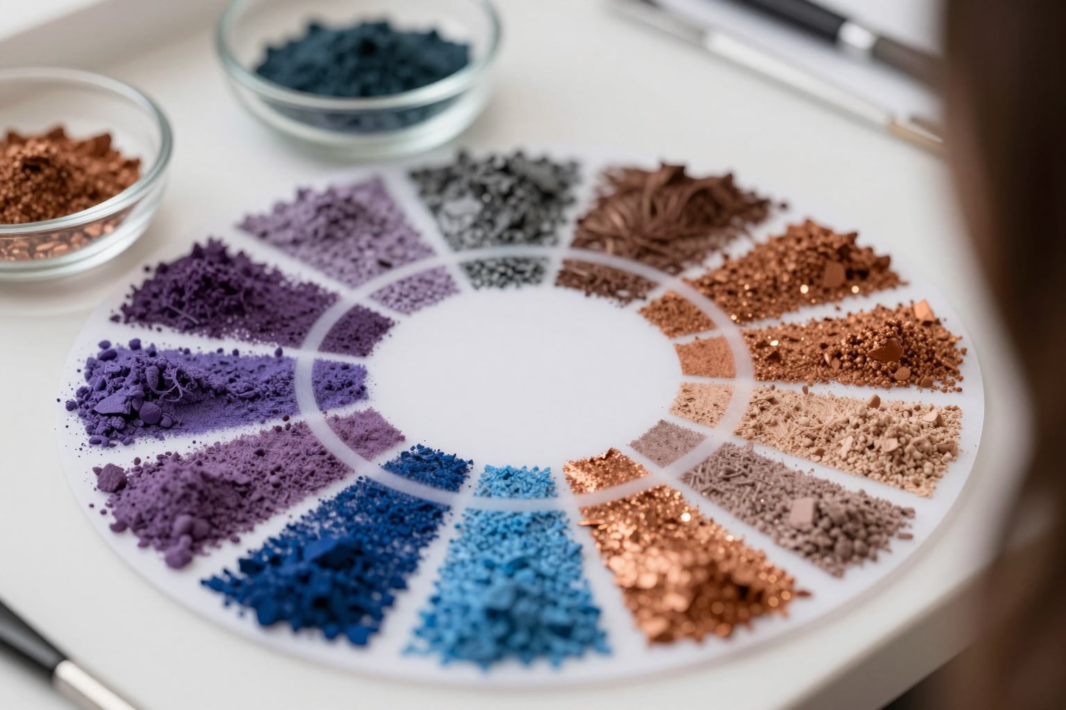 Haarfarben-Pigmente und Farbfächer in einer Friseur-Szene