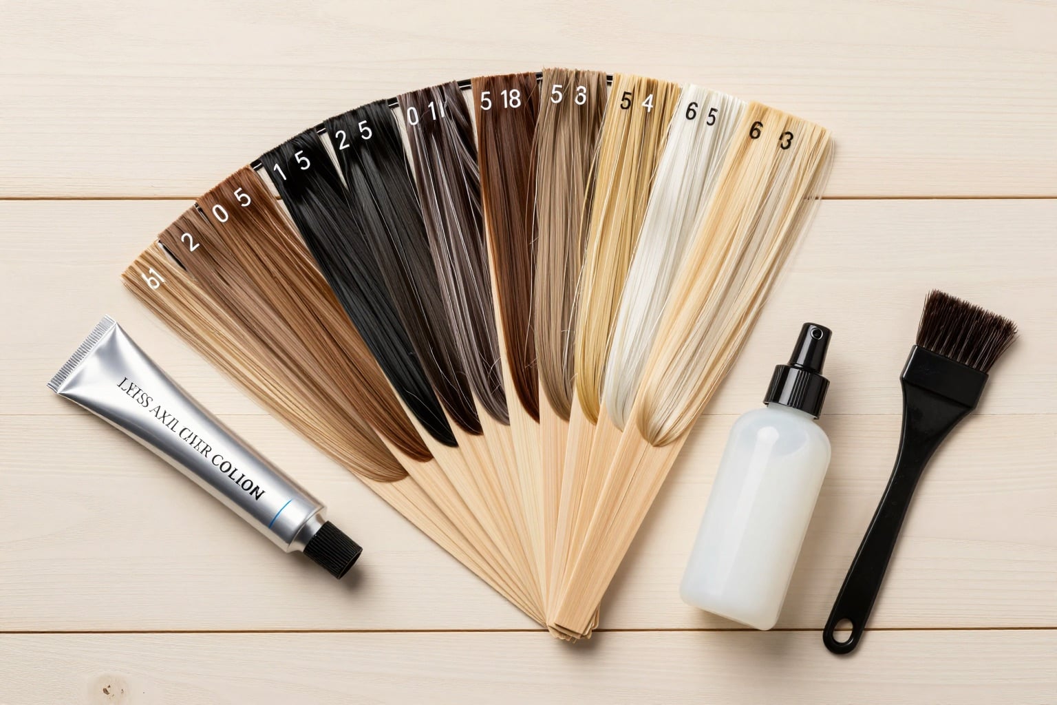 Farbfächer mit nummerierten Haarfarben-Nuancen und Färbeutensilien