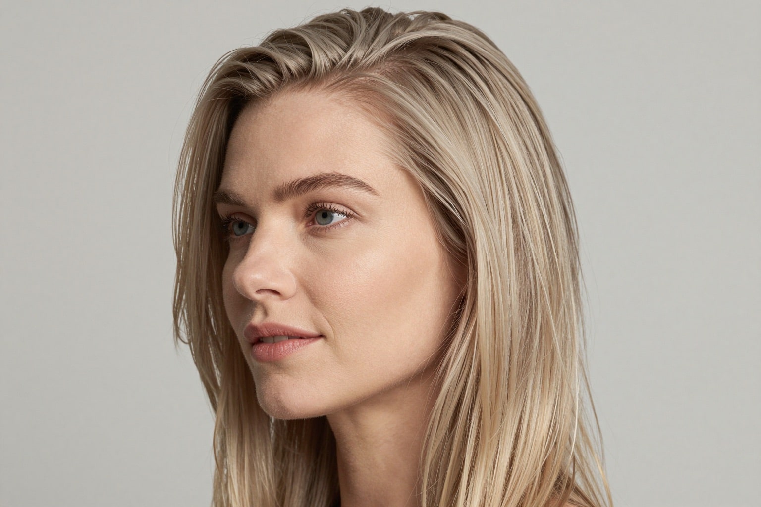 Europäerin mit kühlblondem Haar nach dem Abmattieren der Haarfarbe