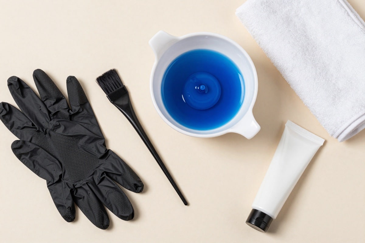 Färbeset für blaue Haare: Pinsel, Schale, Handschuhe und Tönung