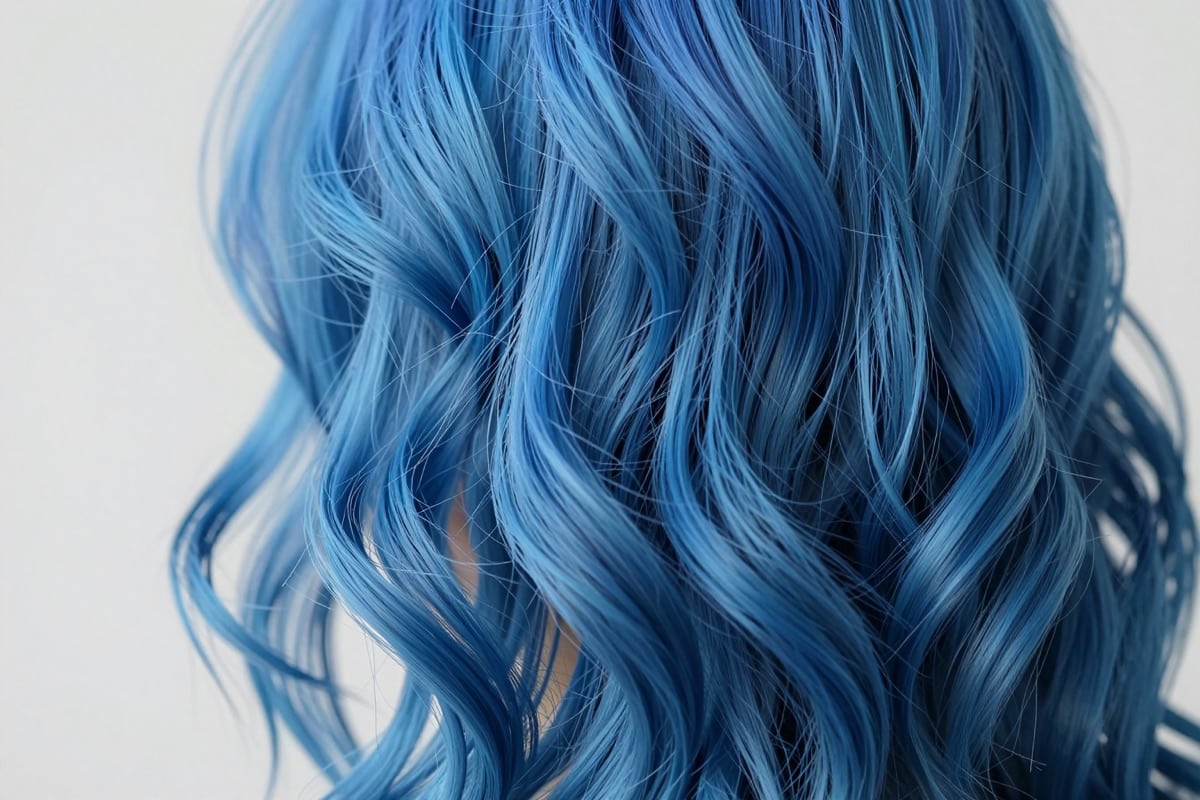 Blau gefärbte Haare in welligen Strähnen aus der Nähe