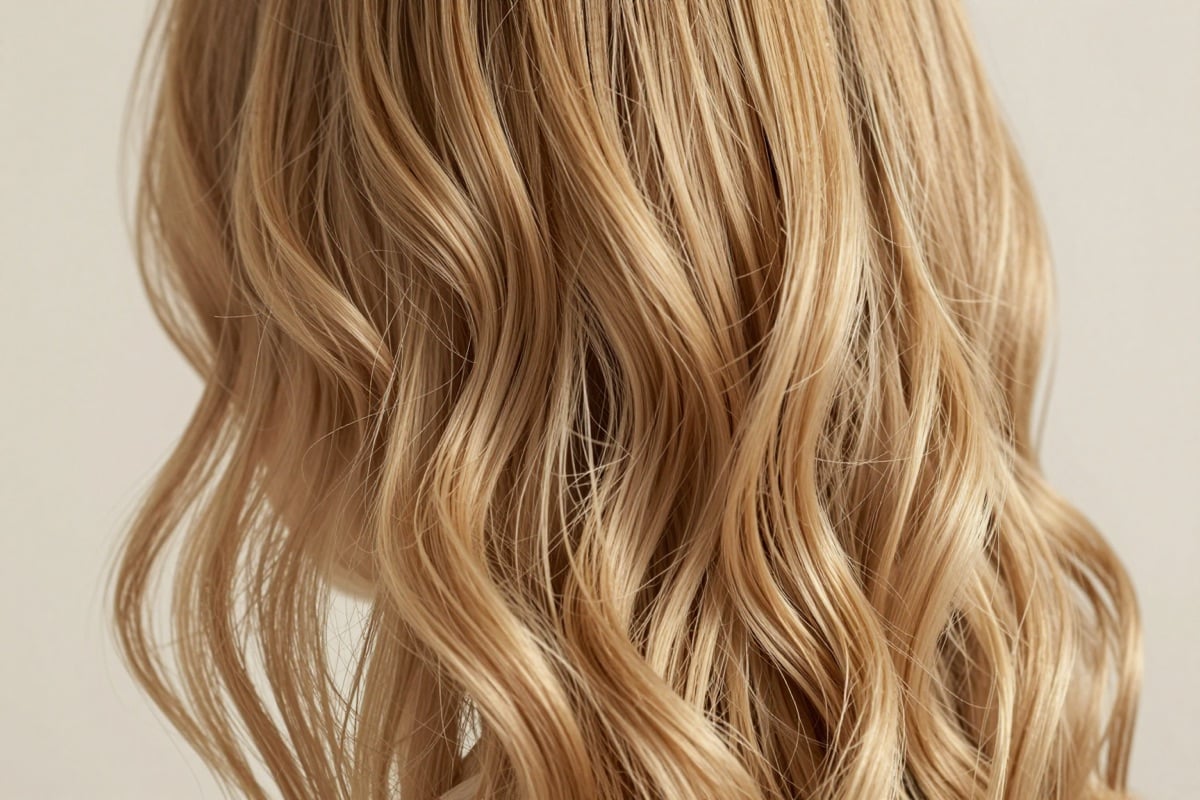 Helle, glänzende blonde Haare in welligen Strähnen aus der Nähe