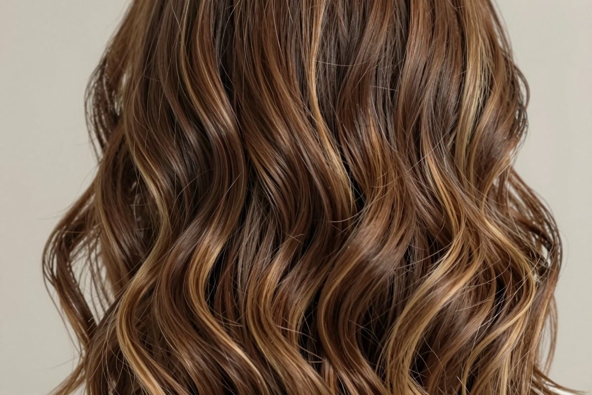 Glänzende braune Haare mit hellen Strähnen in welligen Strähnen aus der Nähe