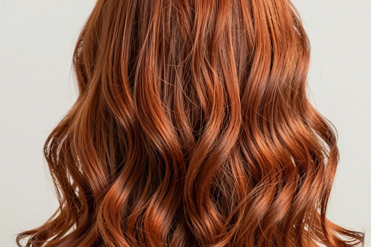 Leuchtend kupferfarbene Haare in welligen Strähnen aus der Nähe