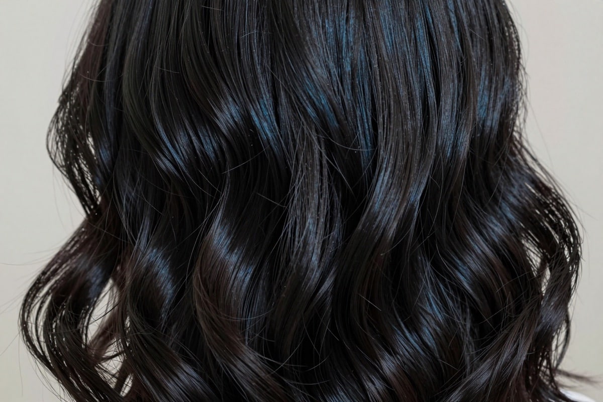 Tiefschwarze, glänzende Haare in welligen Strähnen aus der Nähe