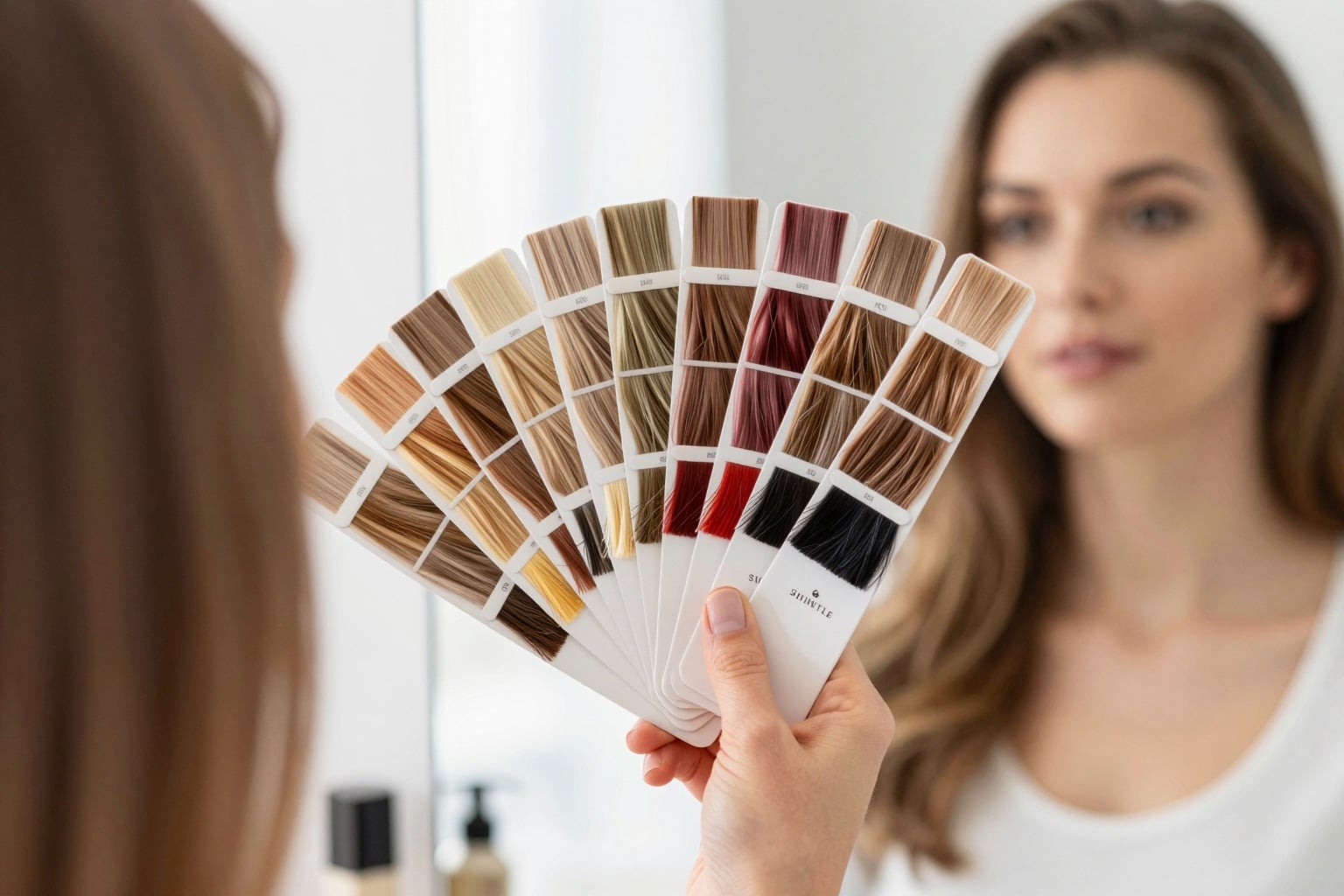 Haarfarben-Palette mit Strähnenfächer von Blond über Braun bis Rot an einem Gesicht