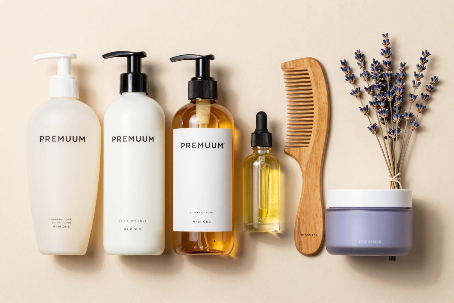 Haarpflegeprodukte als Flatlay: Shampoo, Spülung, Haaröl, Holzkamm und Haarkur