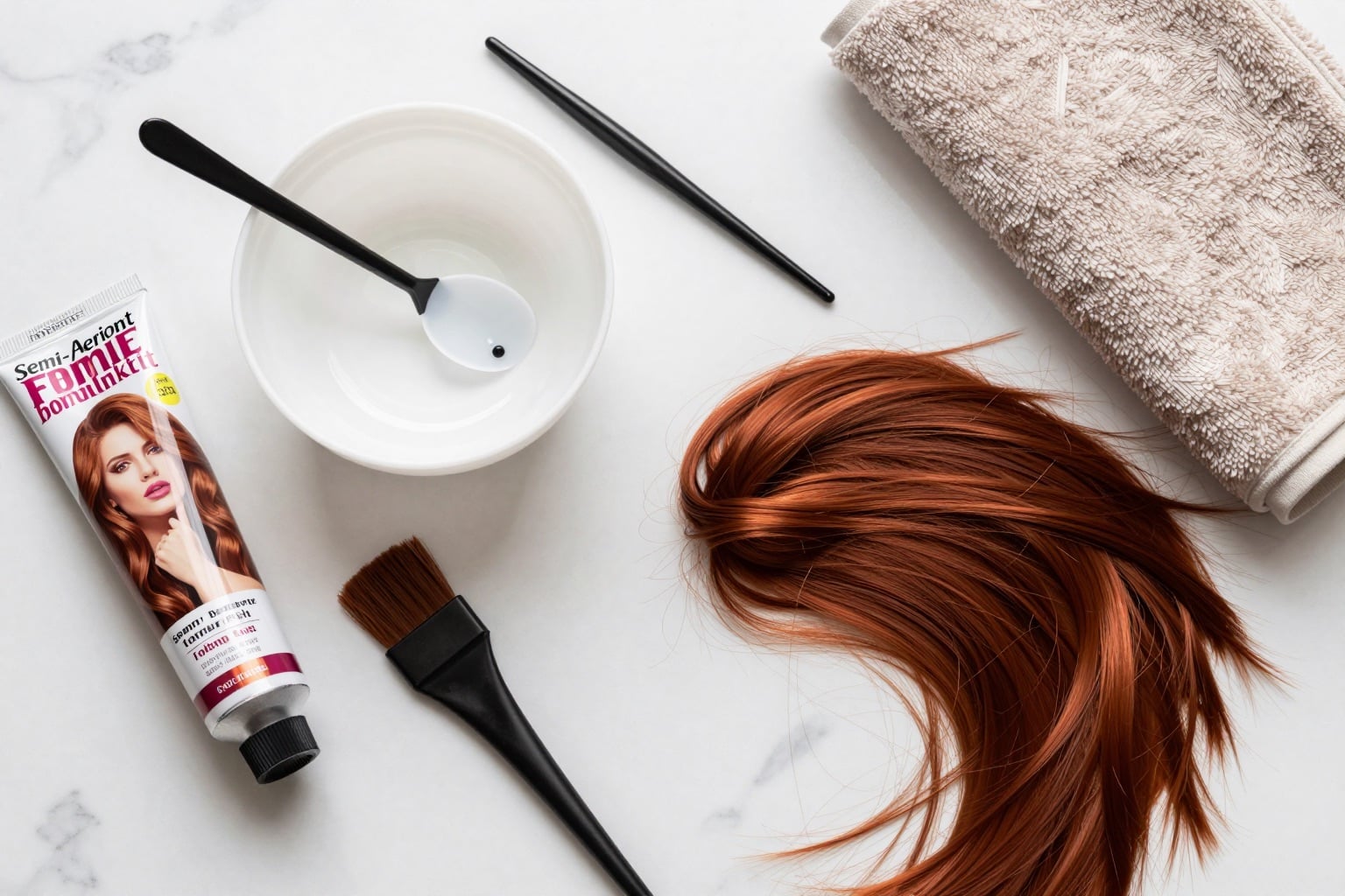 Haartönung Set mit Tube, Mischschale, Pinsel und Handtuch auf Marmor