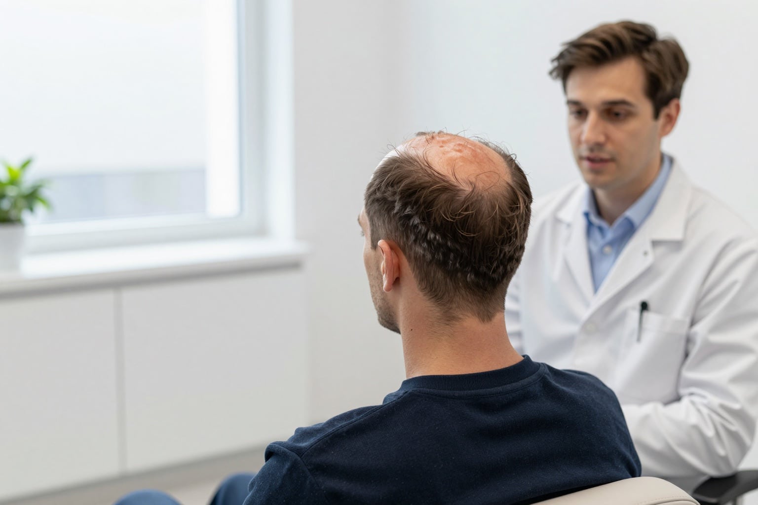 Beratungsgespräch in einer Haartransplantations-Klinik zwischen Patient und Arzt