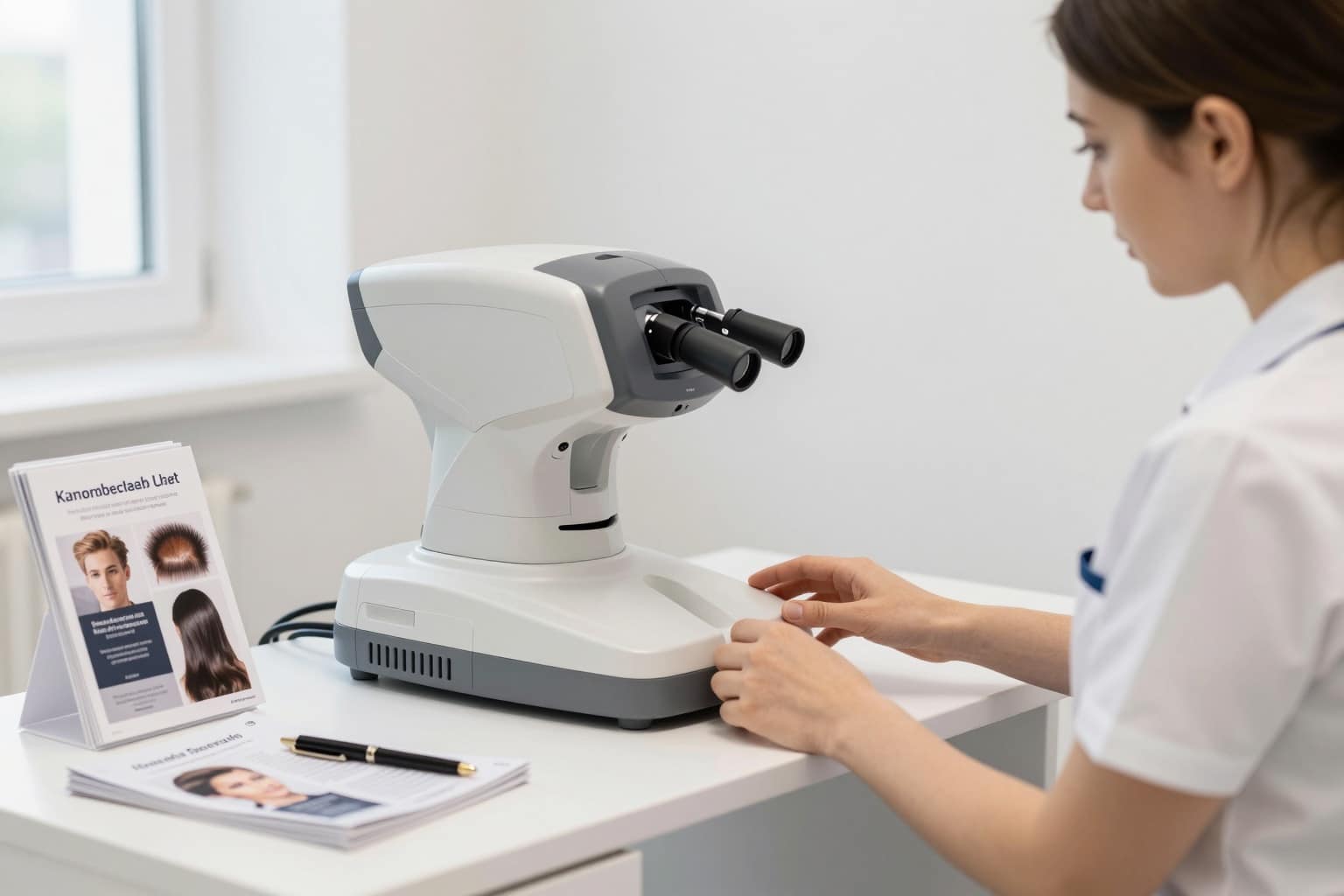 Modernes Behandlungszimmer einer Haarklinik mit Kopfhaut-Analysegerät