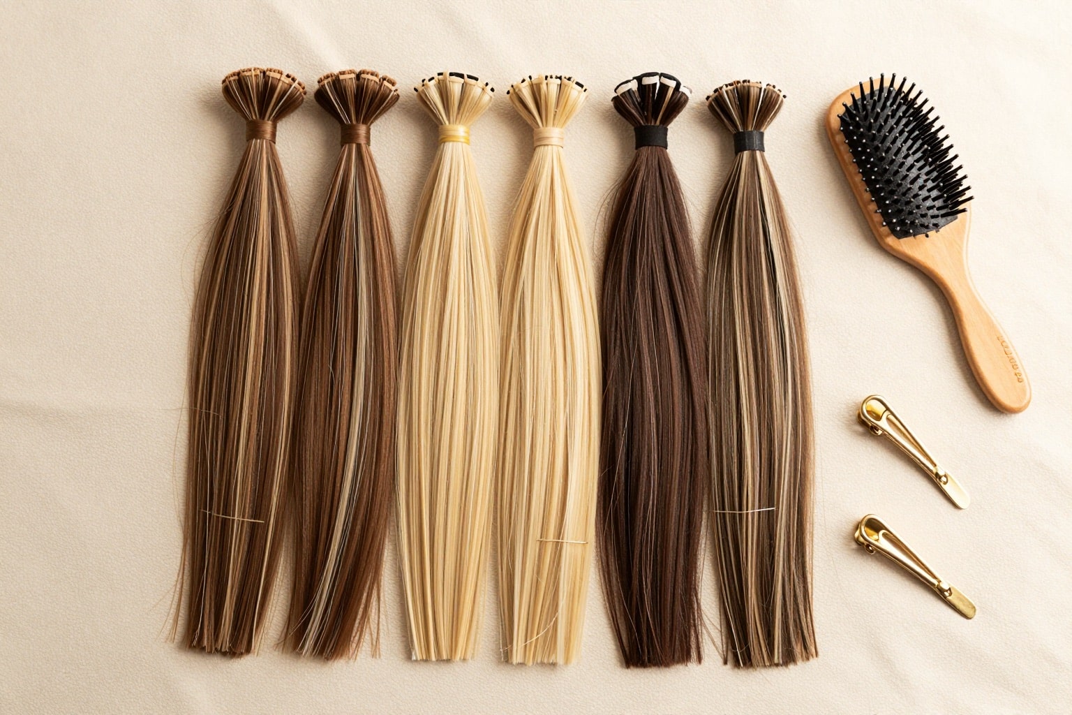 Flatlay mit Echthaar-Extensions, Tressen und Tape-In-Strähnen in Braun- und Blondtönen