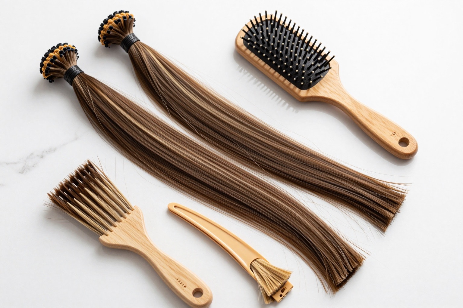 Flatlay mit Extensions-Strähnen, Haarbürste und Clips auf hellem Untergrund