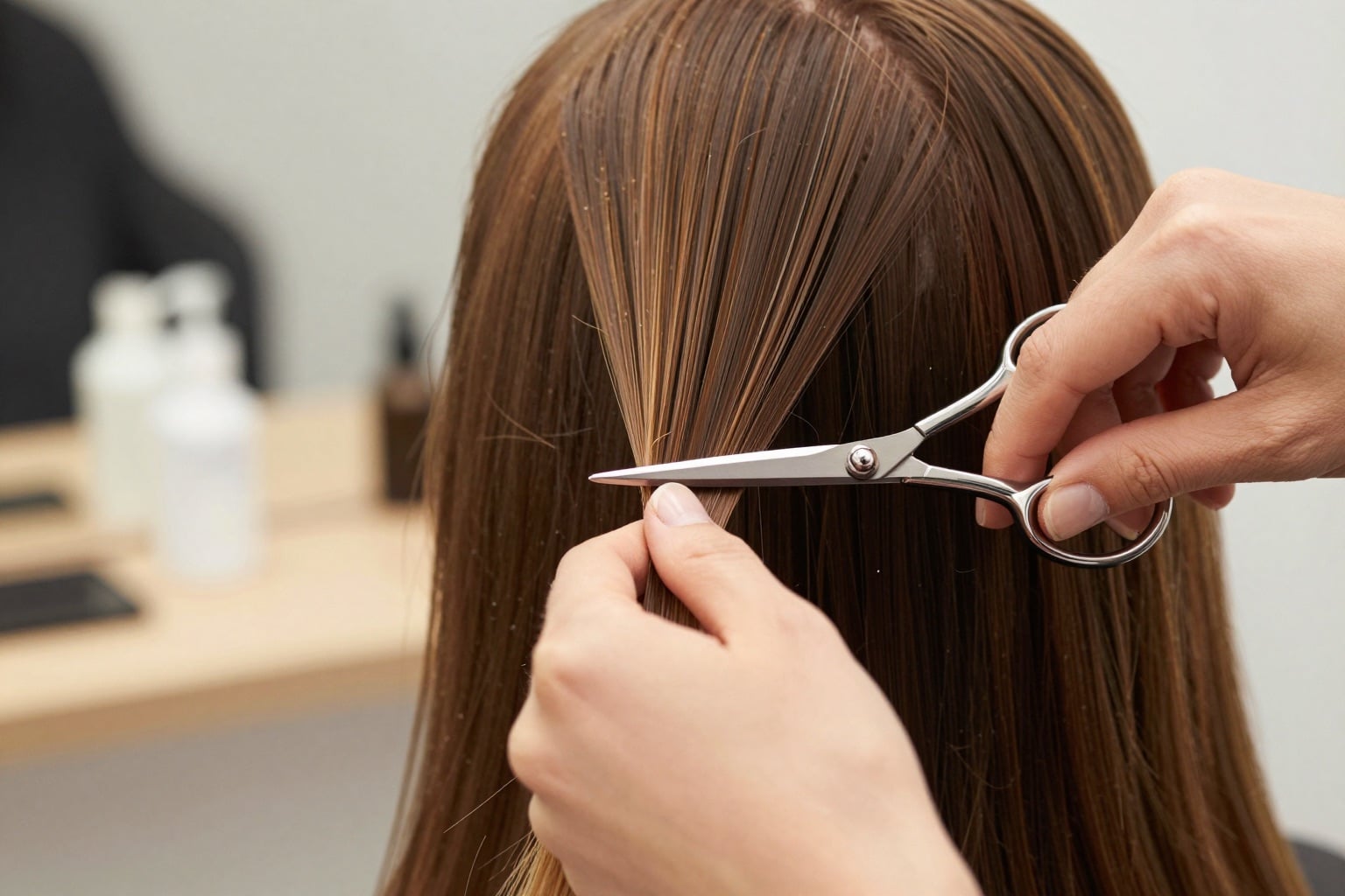 Detailaufnahme einer Friseurin beim Haareschneiden im Salon