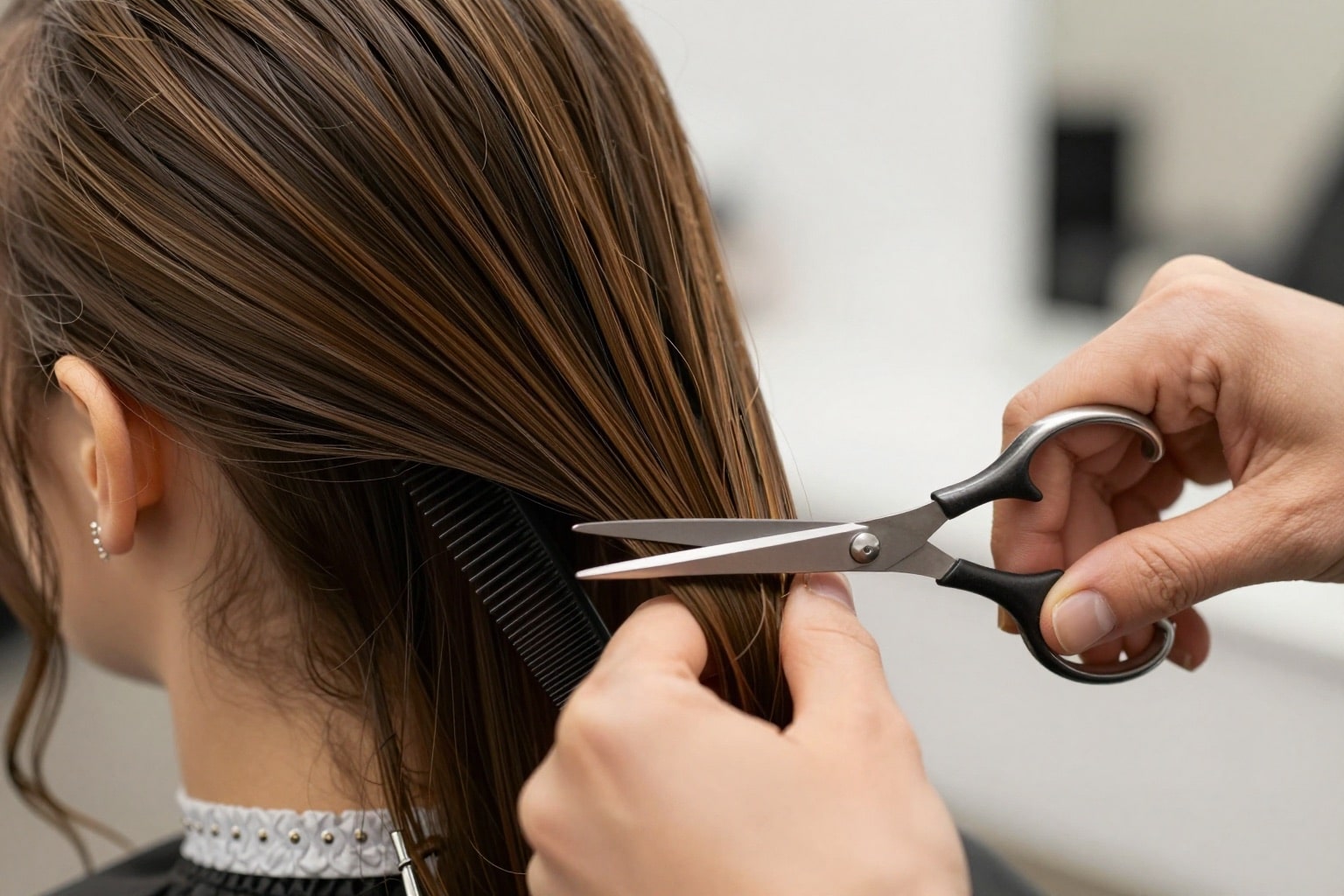 Friseurin schneidet Haare im Salon, Detailaufnahme der Arbeit