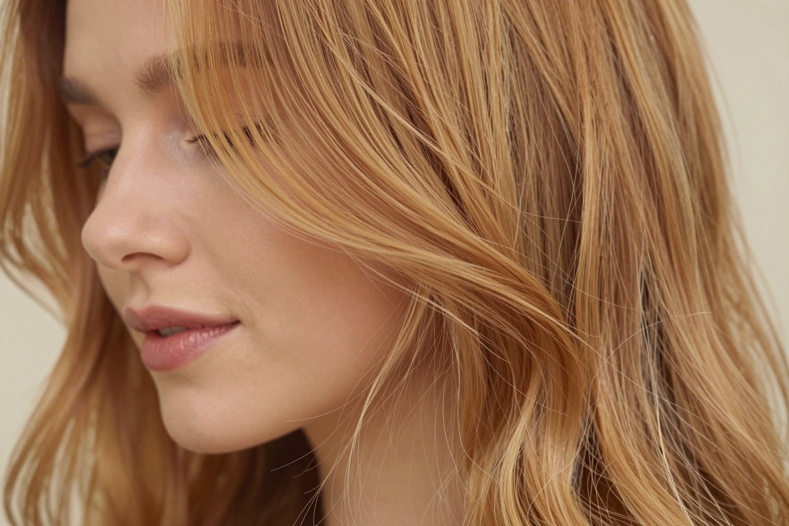 Honigblonde Haare in welligen Strähnen aus der Nähe mit warmem Goldschimmer
