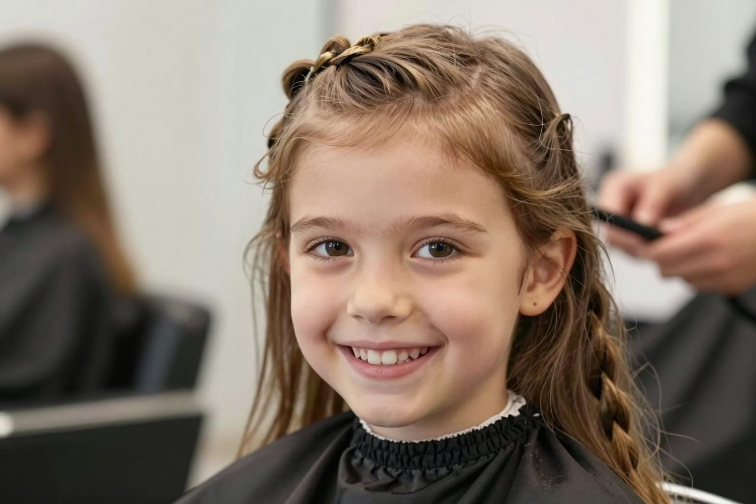 Europäisches Mädchen mit geflochtenem Zopf im hellen Friseursalon