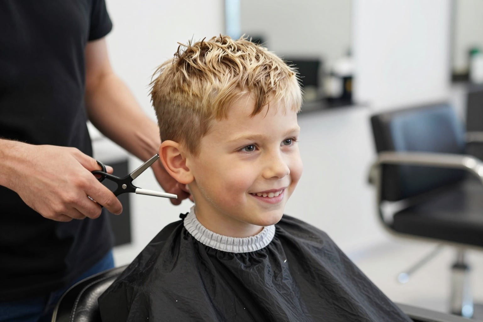 Europäischer Junge mit kurzem modernem Haarschnitt im hellen Friseursalon