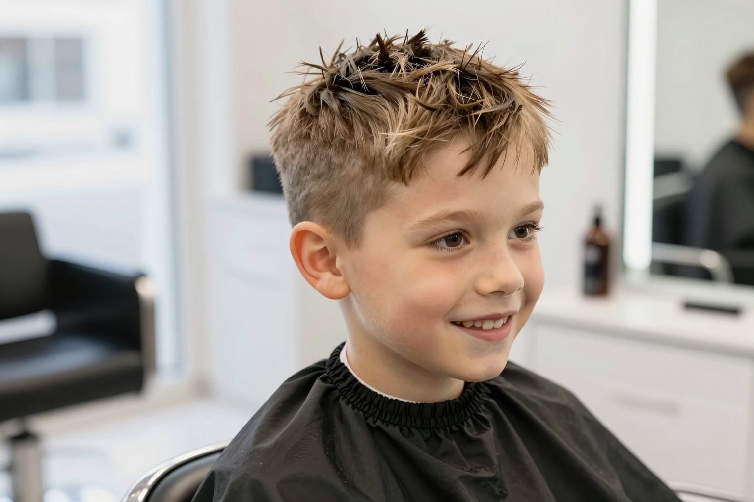 Junge mit modernem kurzem Haarschnitt im Friseursalon