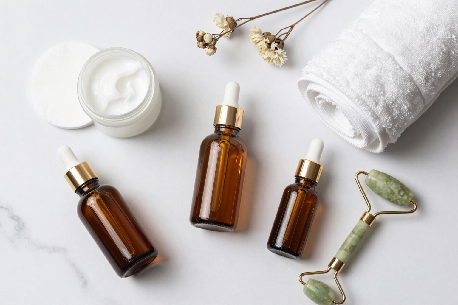 Flatlay mit Kosmetikprodukten, Seren, Cremetiegel und Handtuch auf hellem Untergrund