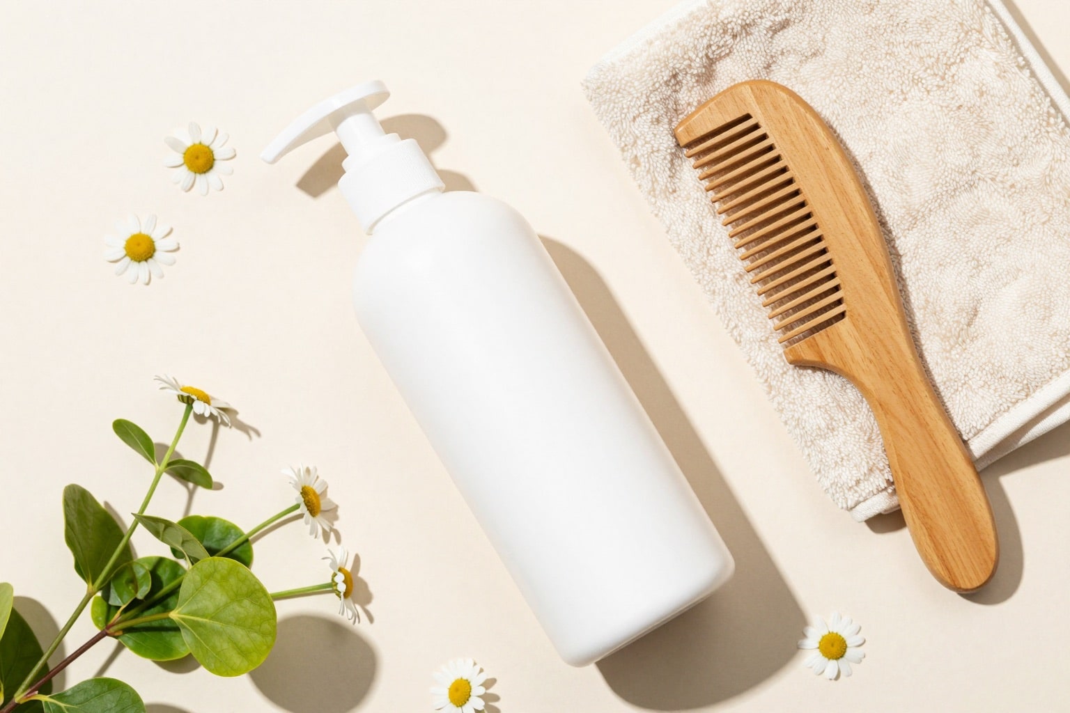 Sanfte, milde Haarpflegeprodukte als Flatlay bei kreisrundem Haarausfall