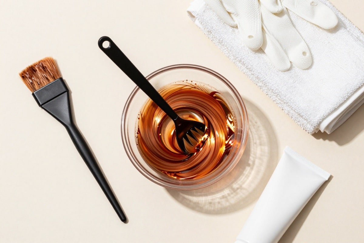 Färbeset für kupferfarbene Haare: Pinsel, Schale, Handschuhe und Tönung