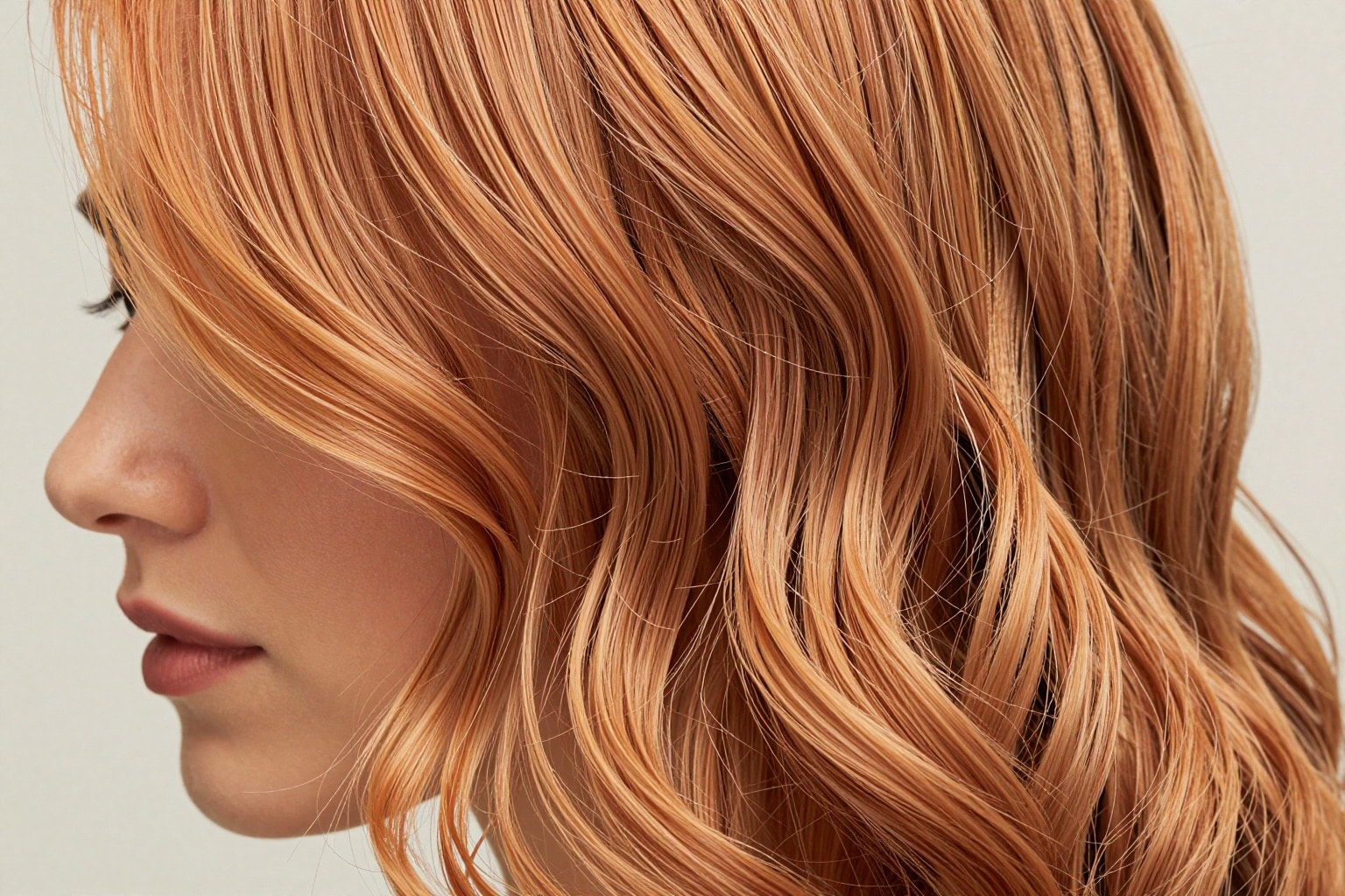 Helle kupferblonde Haare mit rötlich-goldenem Schimmer in welligen Strähnen aus der Nähe