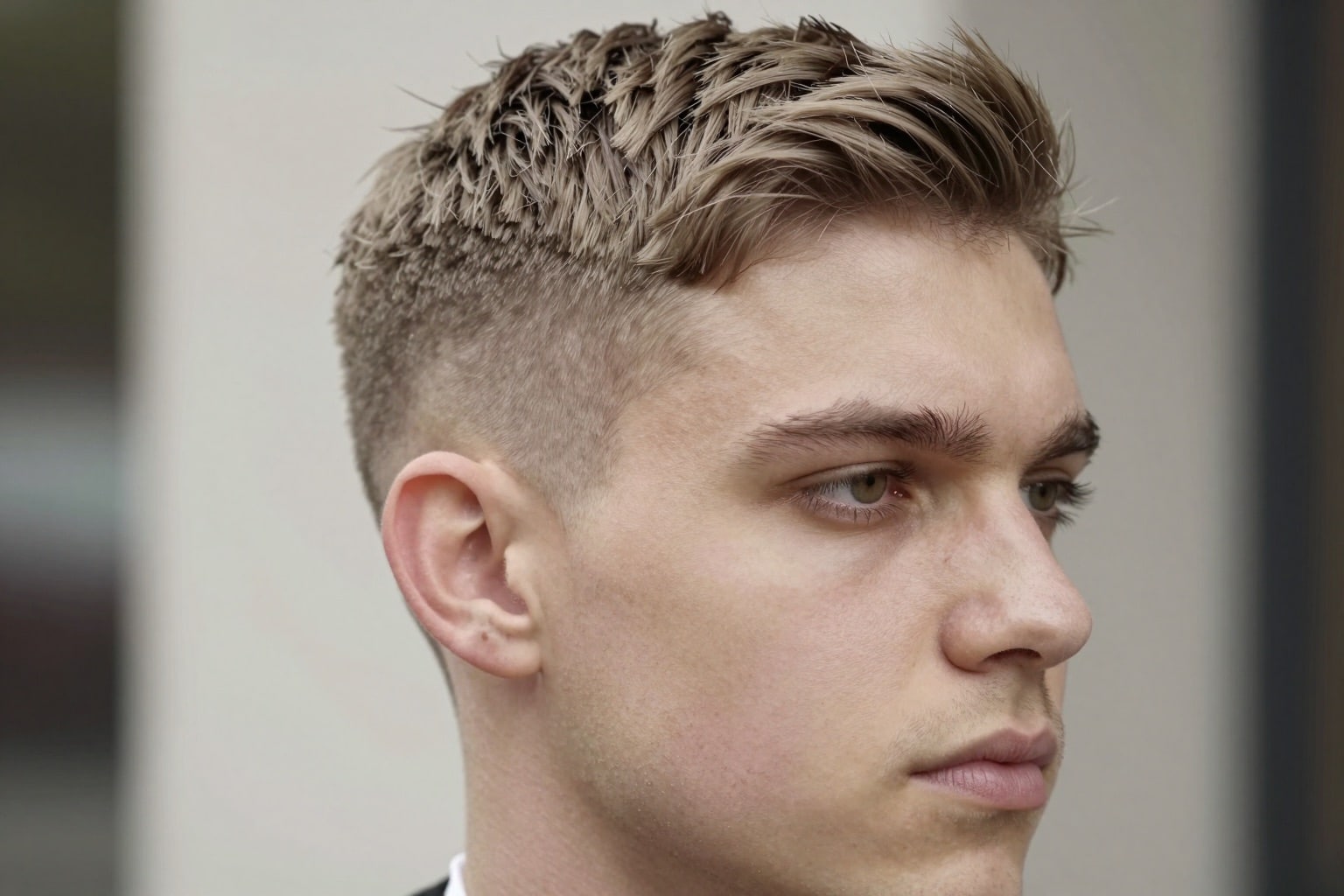 Europäischer Mann mit moderner Kurzhaarfrisur, texturierter Crop mit Fade