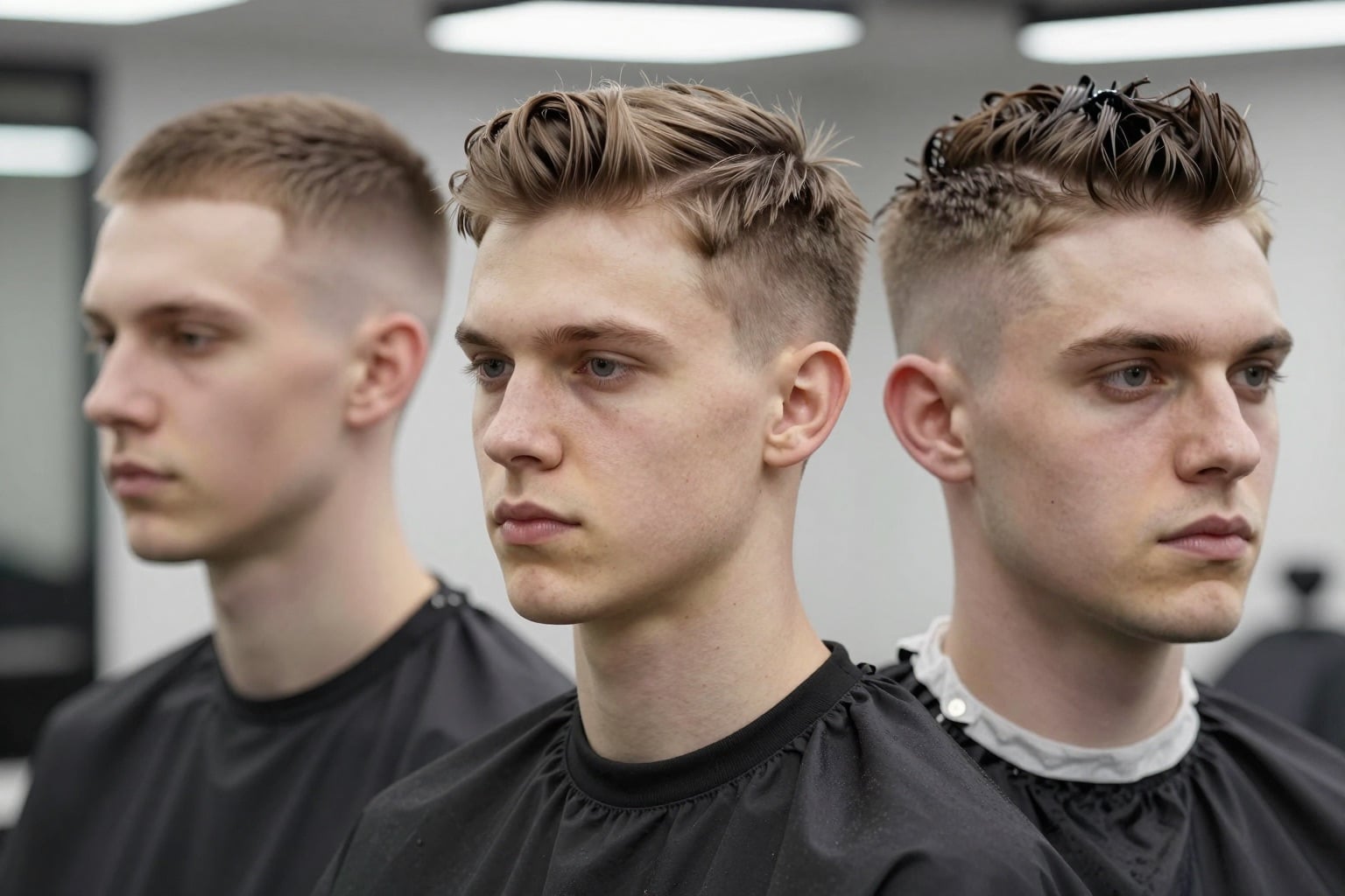 Drei europäische Männer mit verschiedenen Kurzhaarfrisuren: Buzz Cut, Crew Cut und Undercut