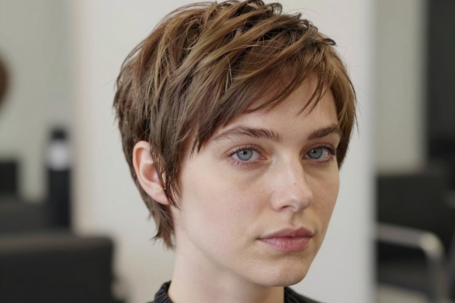 Junge Frau mit modernem Pixie Cut als Kurzhaarfrisur für Damen
