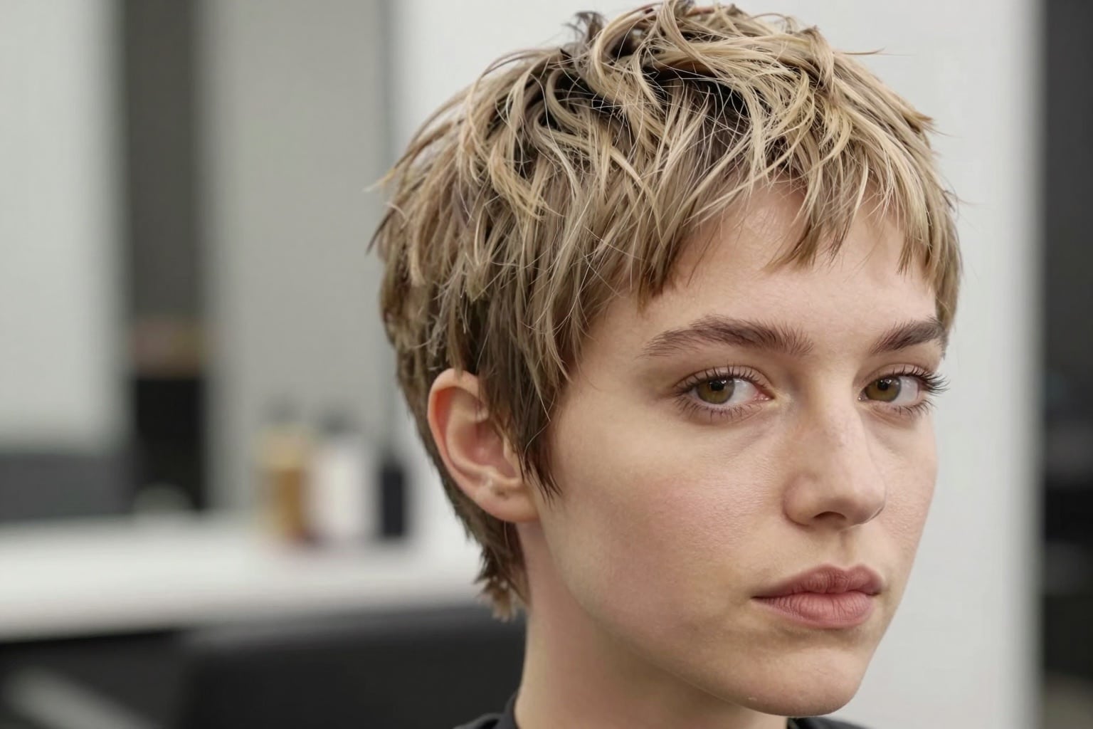 Europäische Frau mit trendigem kurzen Pixie Cut im Friseursalon