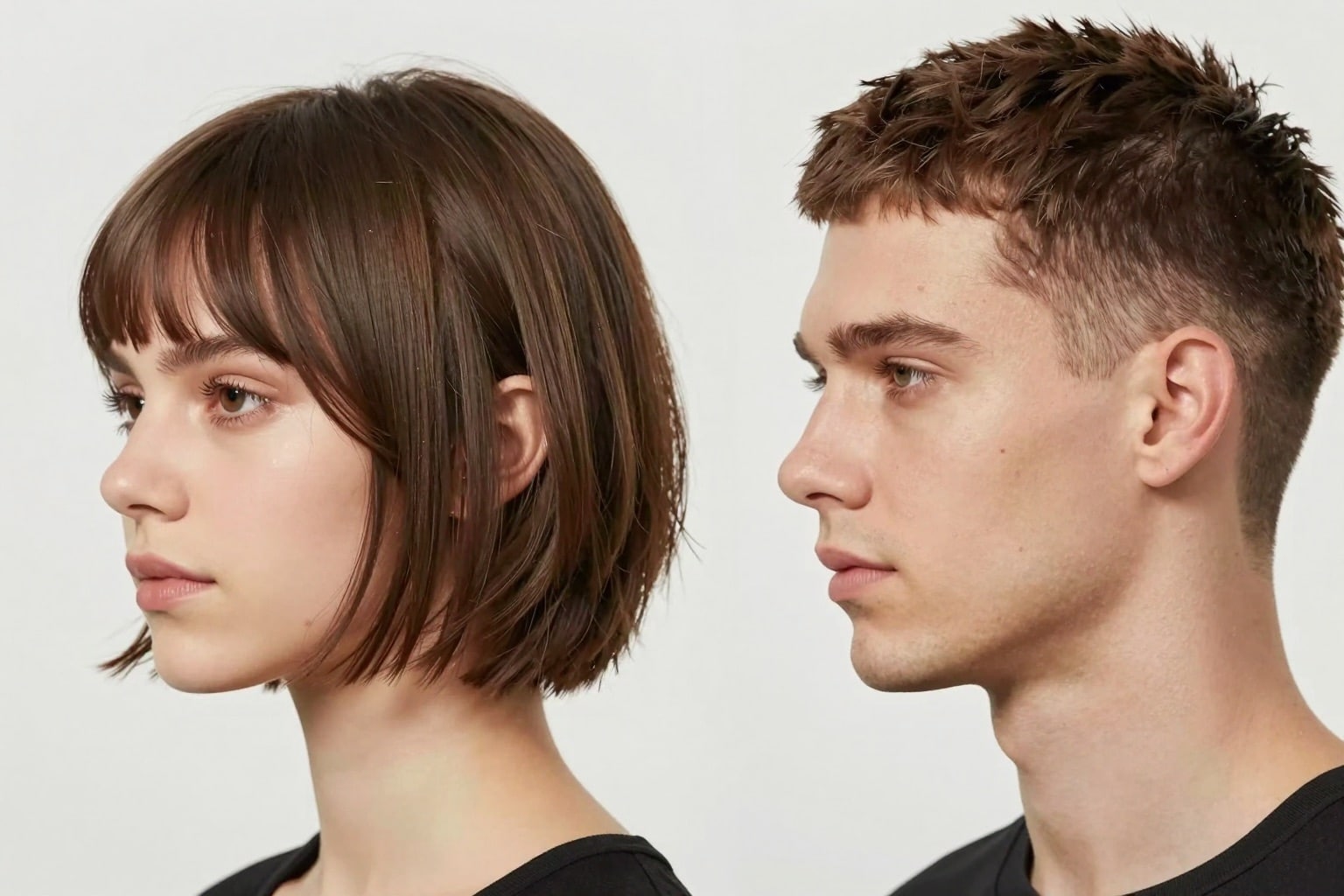 Europäische Frau mit French Bob und Mann mit kurzem Undercut Crop