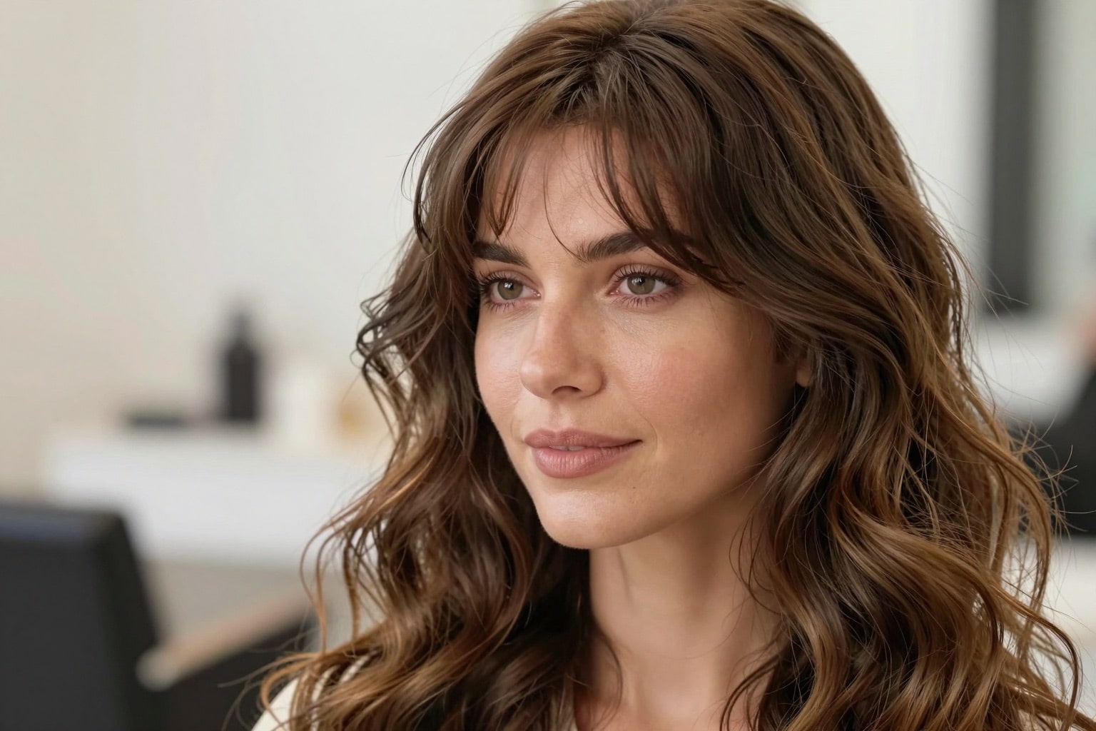 Frau mit langen Haaren in weichen Beach Waves und Curtain Bangs