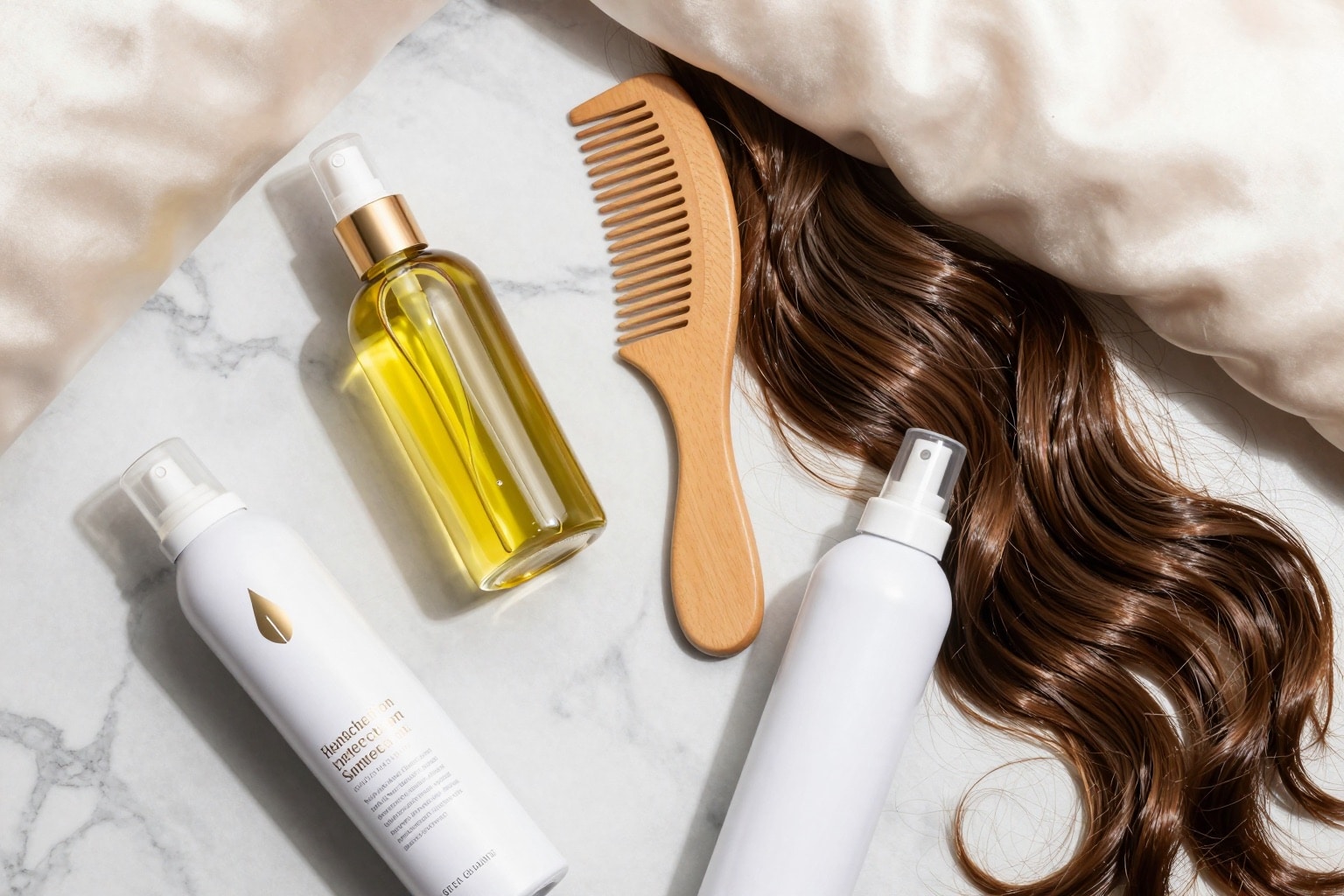 Pflegeprodukte für lange Haare als Flatlay mit Haaröl, Kamm und Hitzeschutz