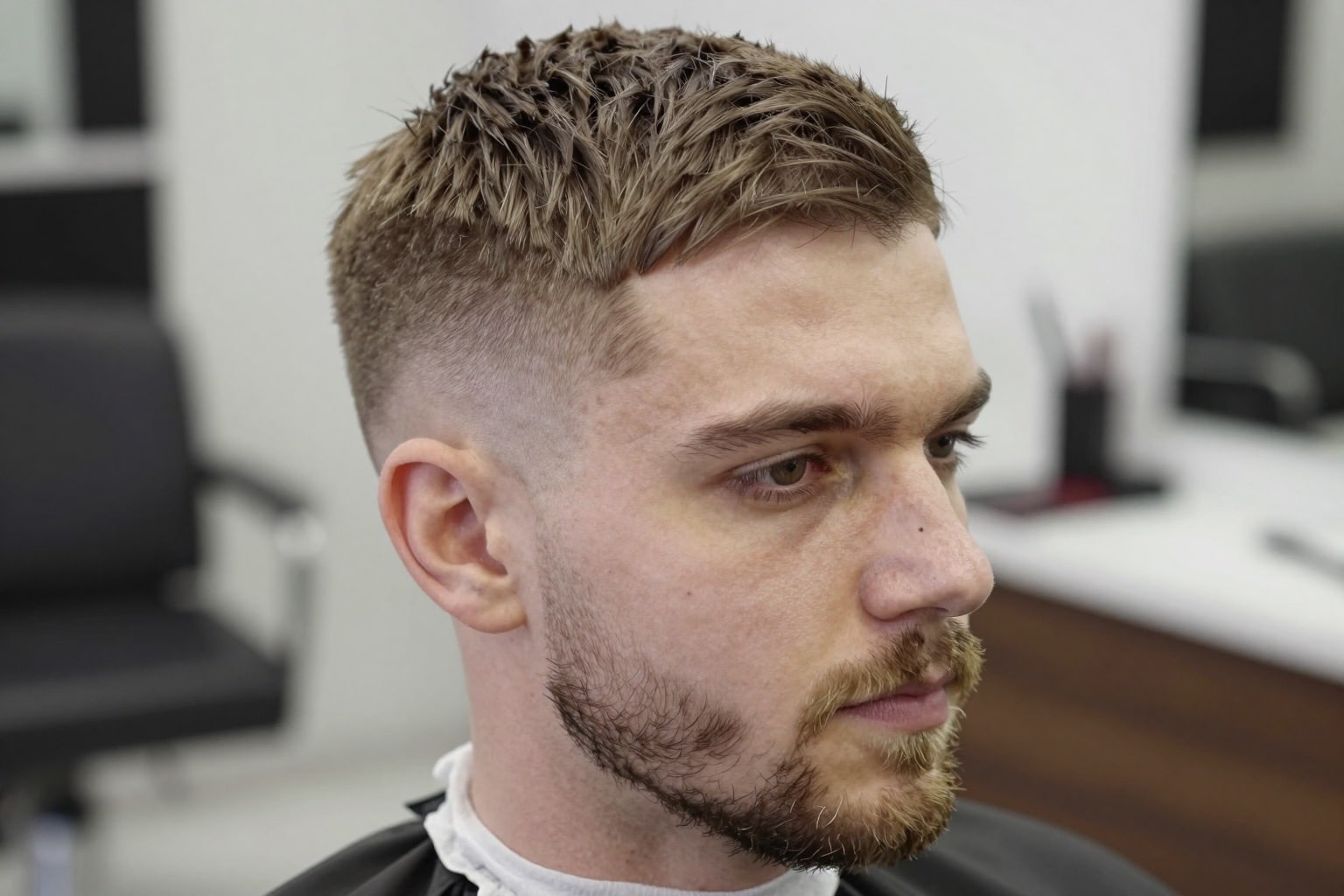 Europäischer Mann mit modernem Taper Fade und texturiertem Deckhaar im Barbershop